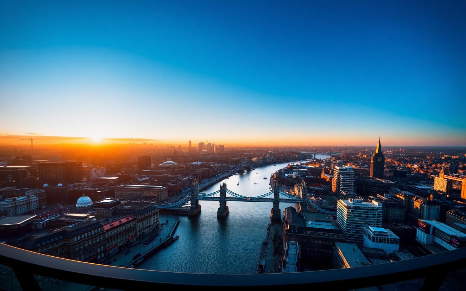 Sunset view over the River Thames and Tower Bridge seen from a high London viewing gallery
